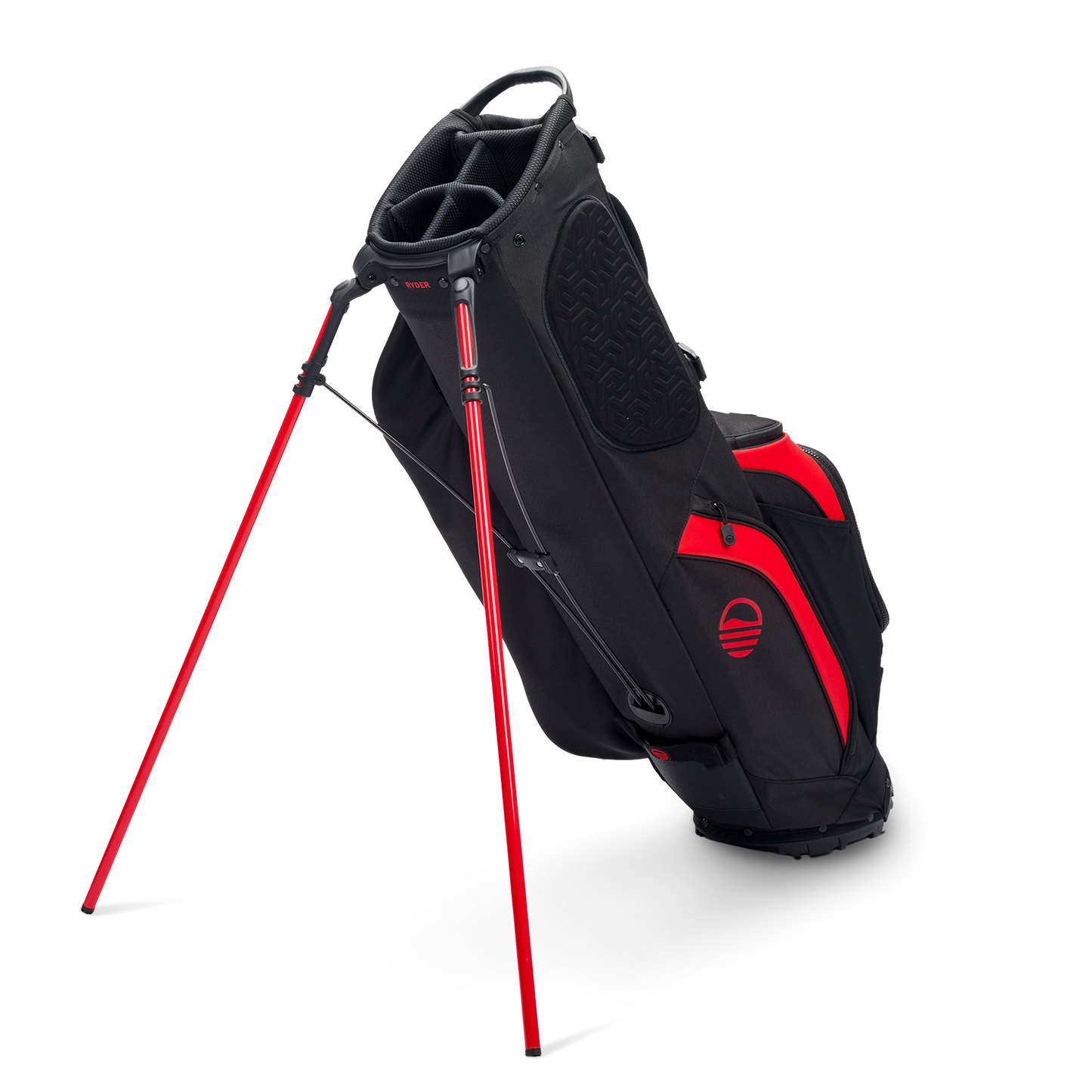 A full shot of standing Ryder golf bag in blackjack facing backward