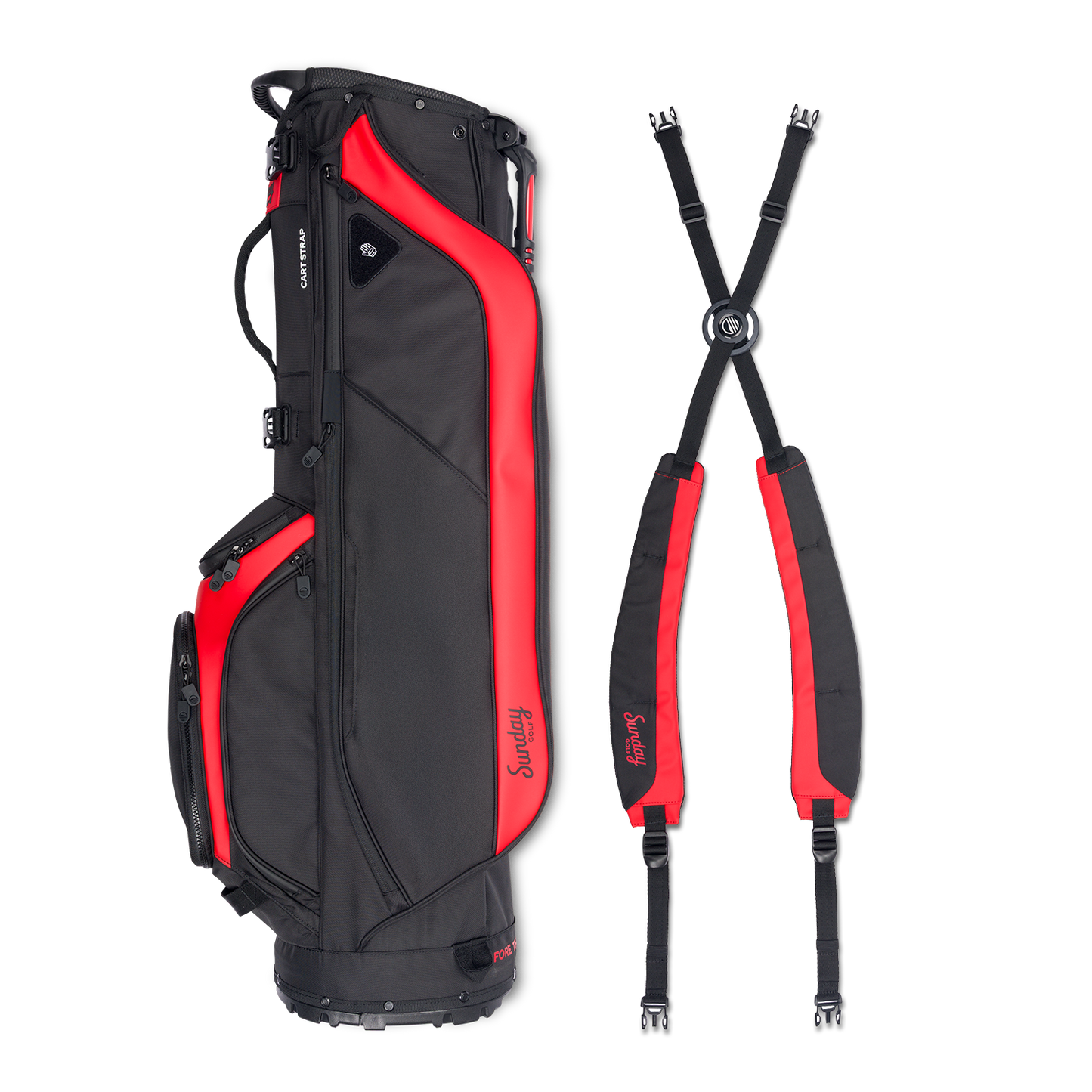 A full shot of Ryder golf bag in blackjack laying flat sideways beside its double strap