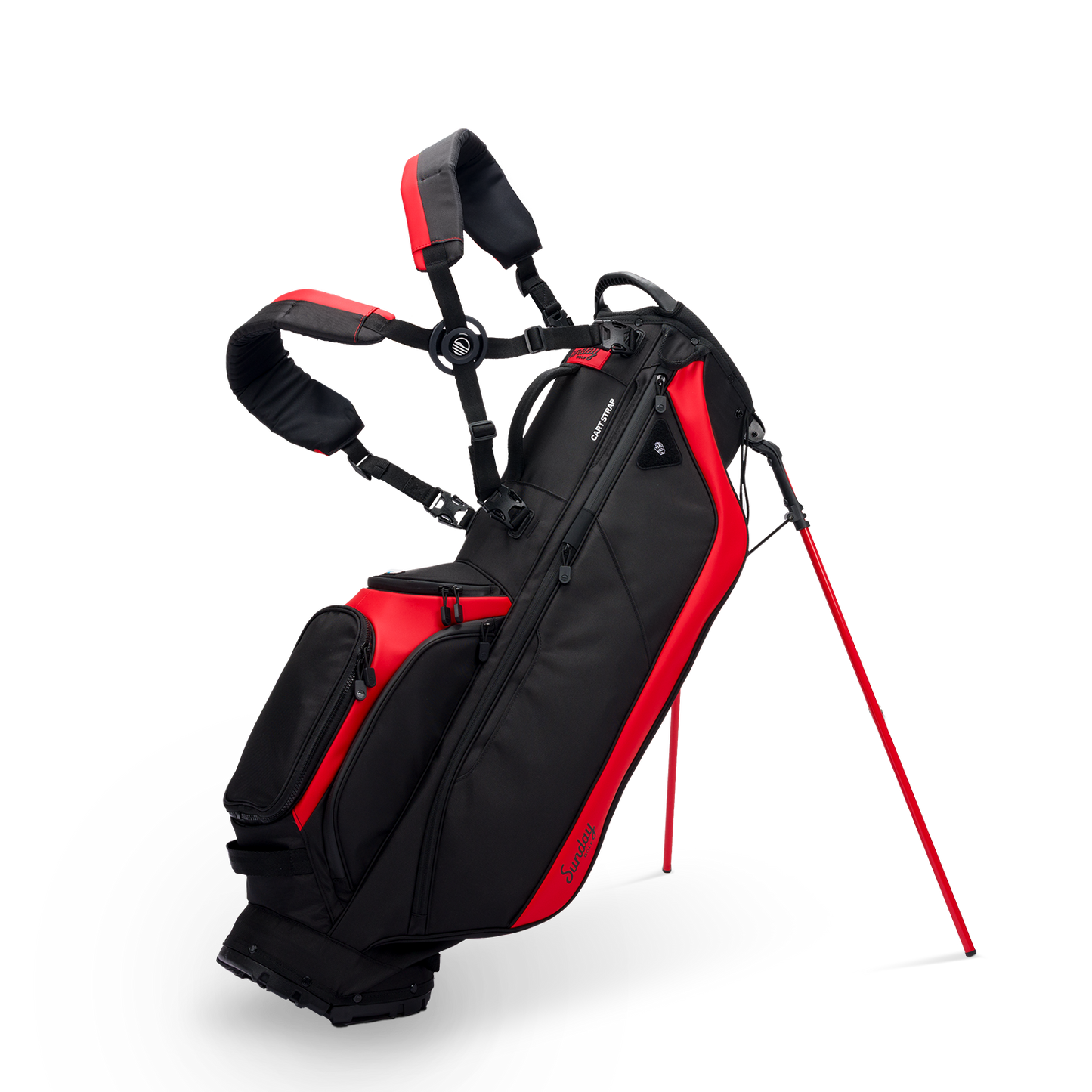 A full front shot of standing Ryder golf bag in blackjack with double strap