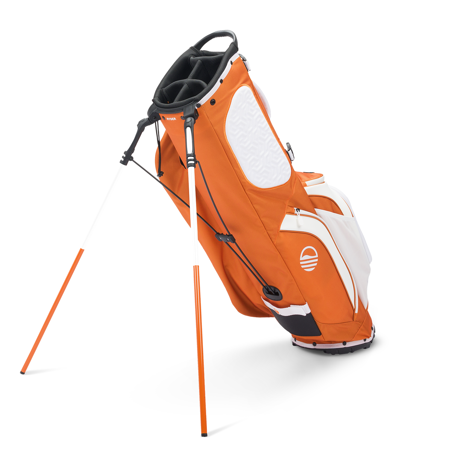 A full shot of Ryder golf bag in burnt orange facing backward