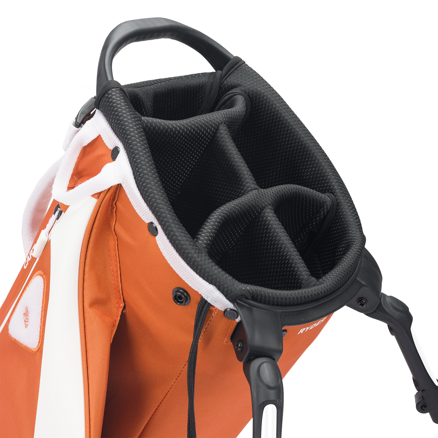 A close up top view of a burnt orange Ryder golf bag’s 5-way divider