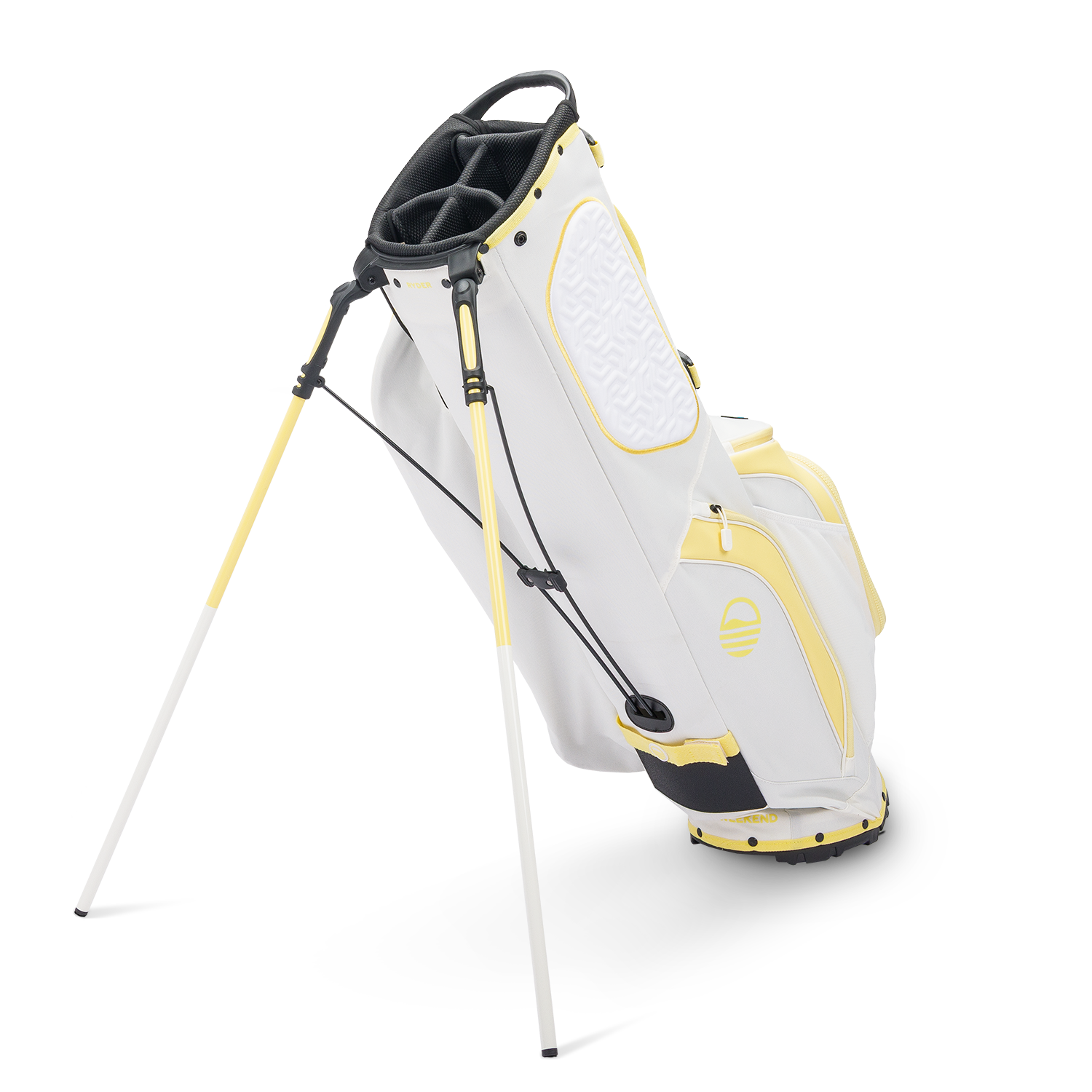 A full shot of standing Ryder golf bag in mindy lemon facing backward