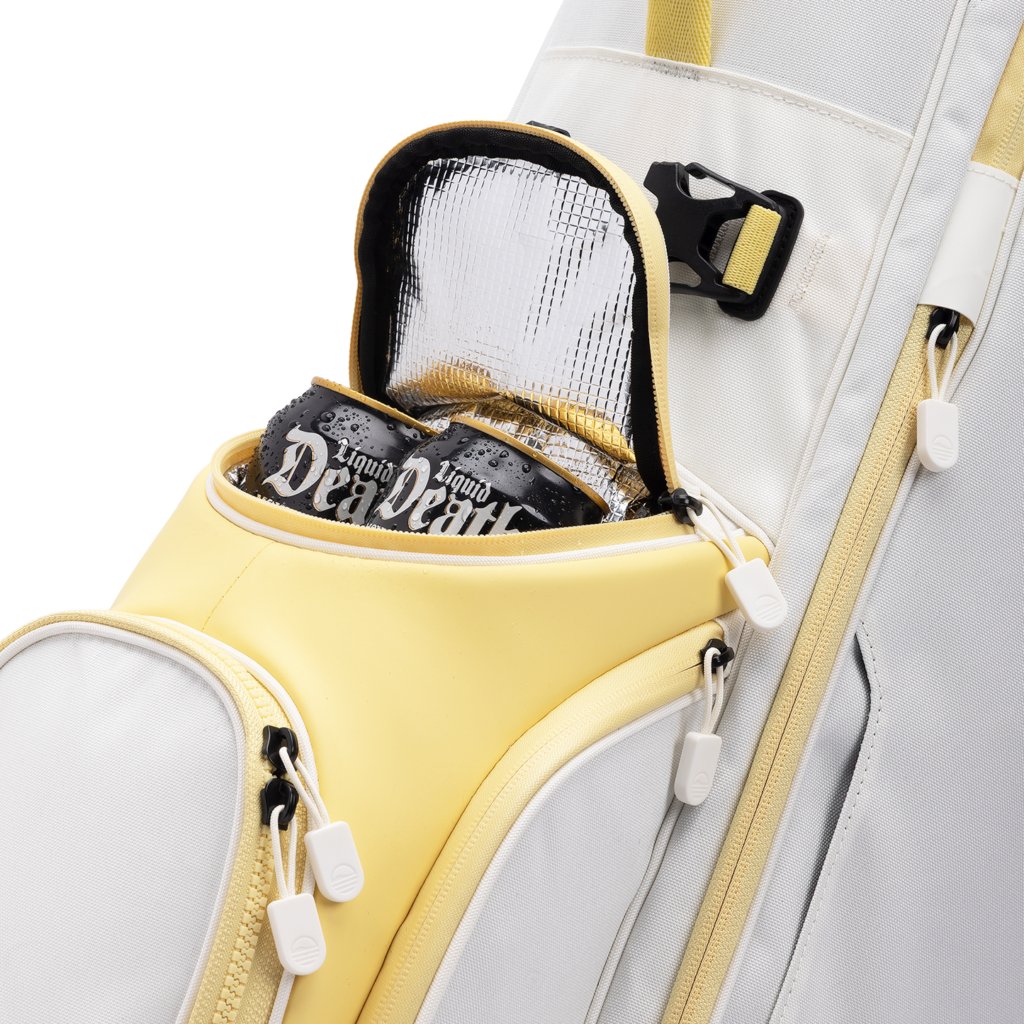 A close up shot of mindy lemon Ryder golf bag's frosty pocket with canned drinks inside