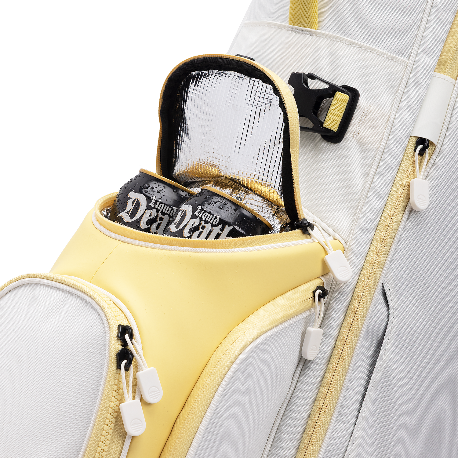 A close up shot of mindy lemon Ryder golf bag's frosty pocket with canned drinks inside