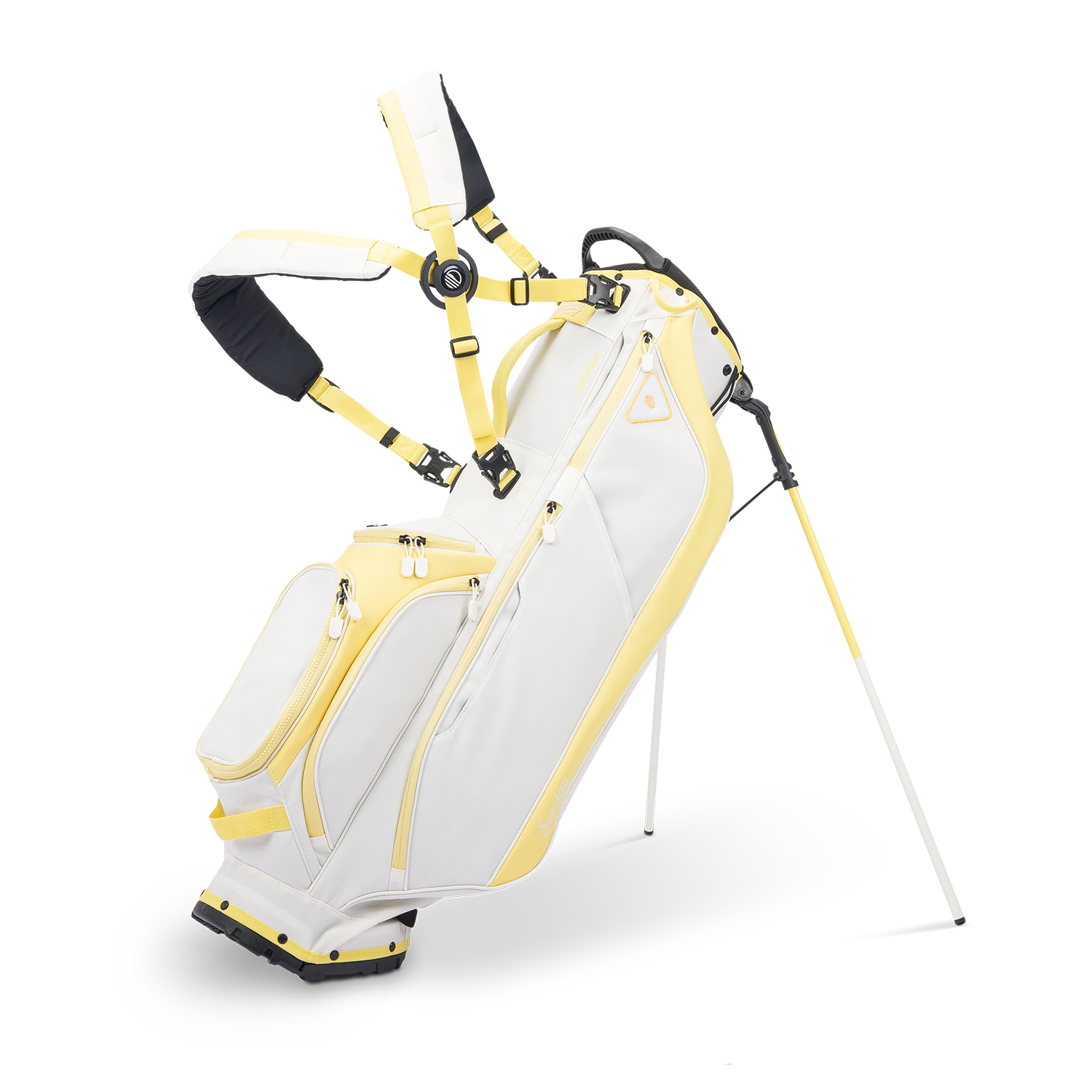 A full front shot of standing Ryder golf bag in mindy lemon with double strap
