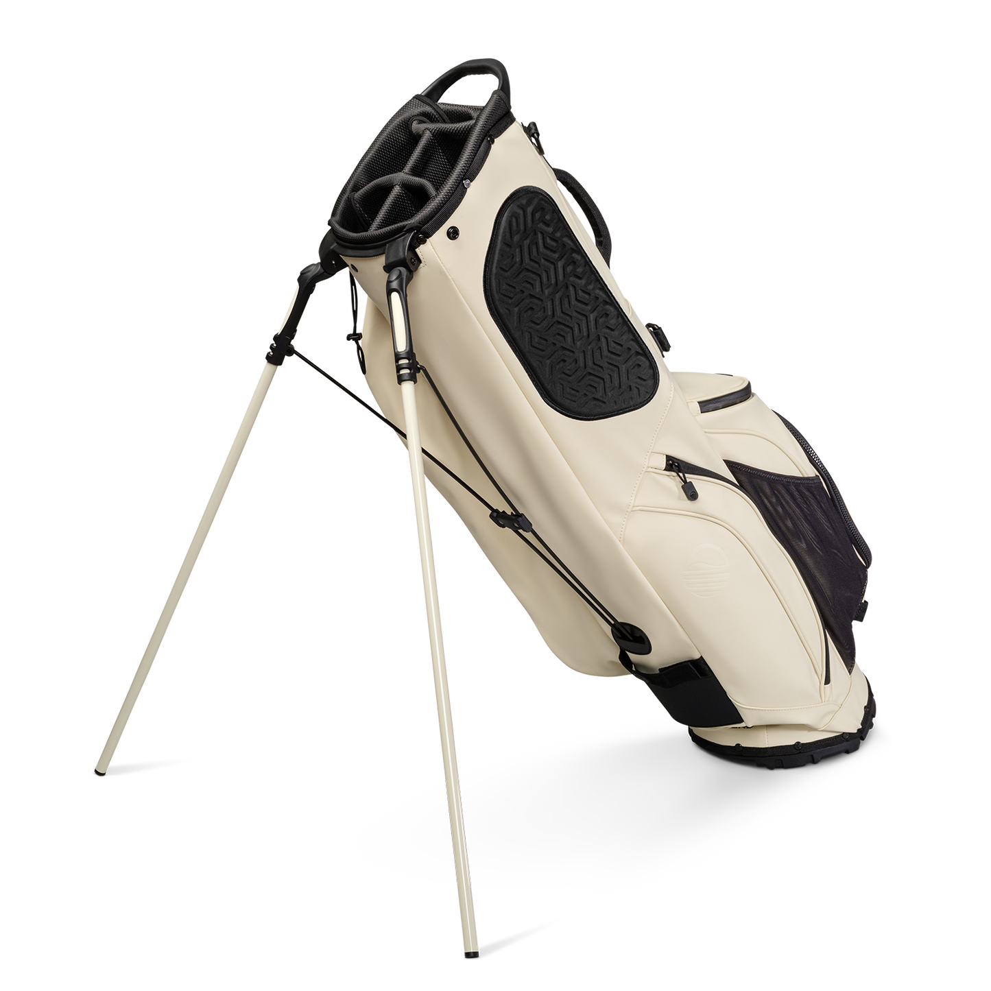 A full shot of standing Ryder S-Class golf bag in cream vegan leather facing backward