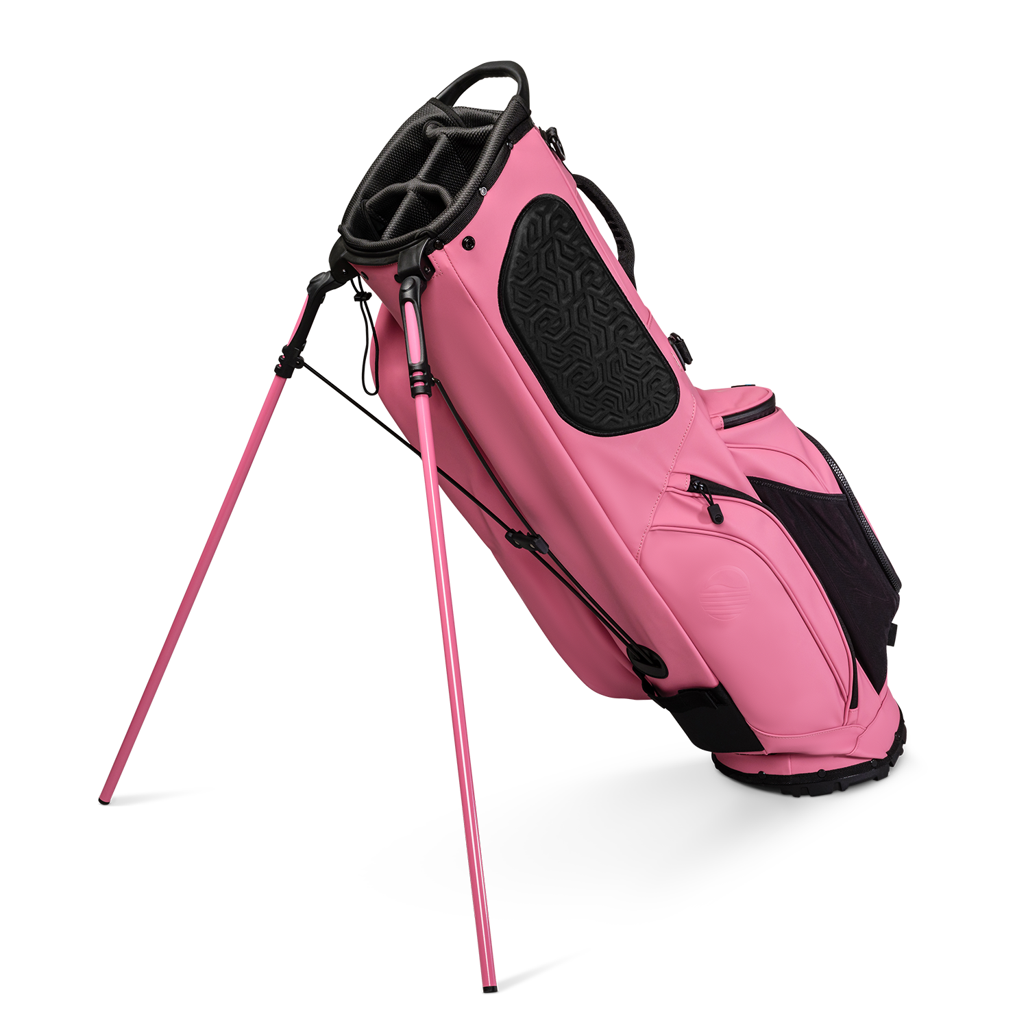 A full shot of standing Ryder S-Class golf bag in dusty pink vegan leather facing backward