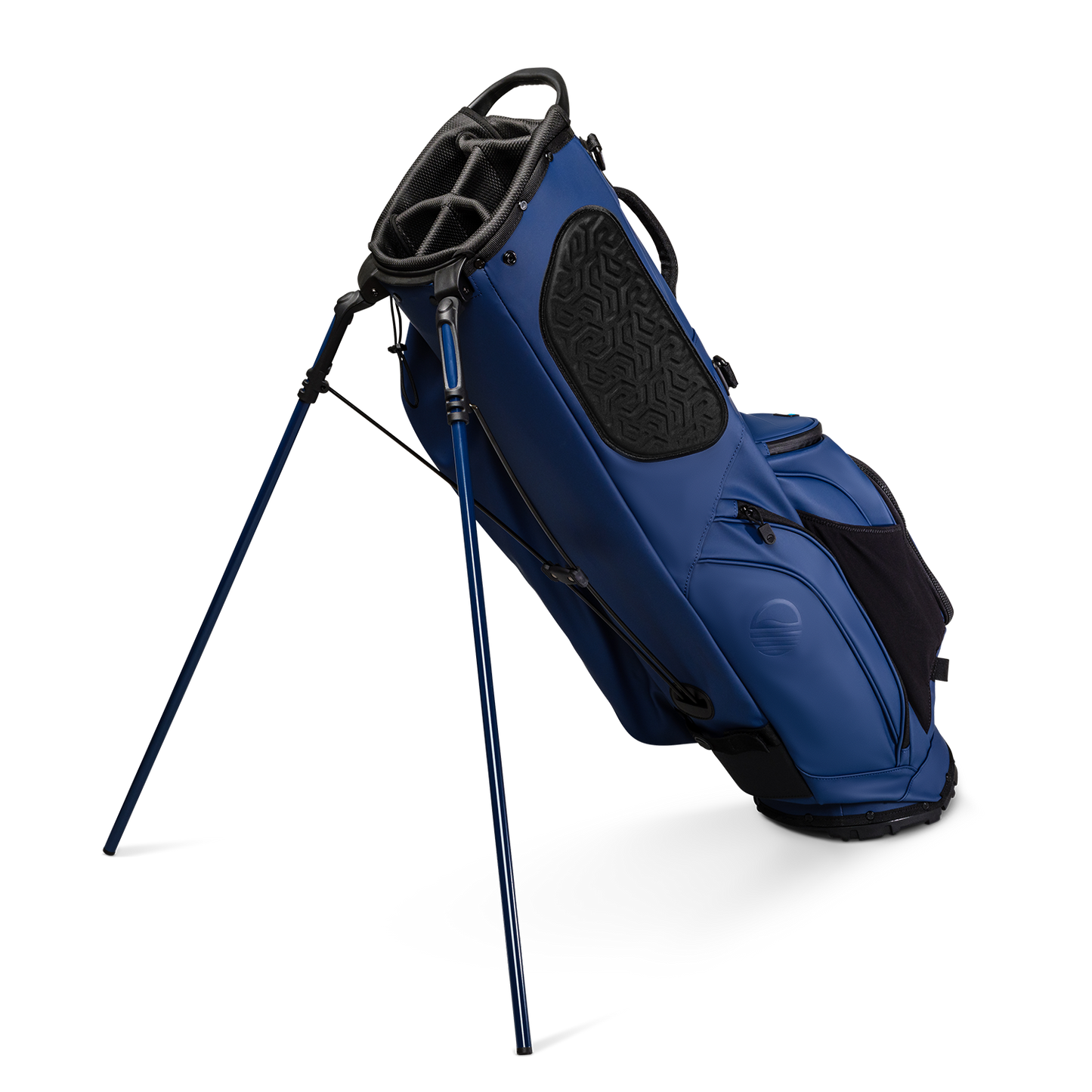A full shot of standing Ryder S-Class golf bag in navy vegan leather facing backward