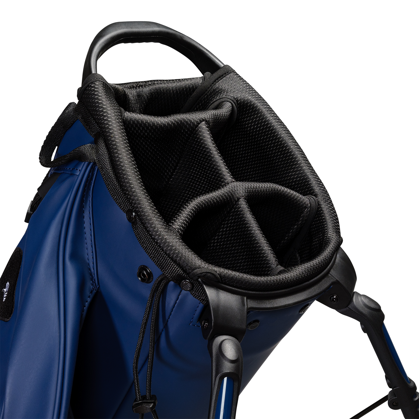 A close up top view of a black vegan leather Ryder S-Class golf bag’s 5-way divider