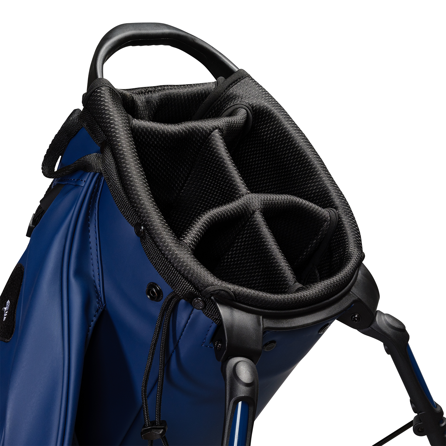 A close up top view of a black vegan leather Ryder S-Class golf bag’s 5-way divider