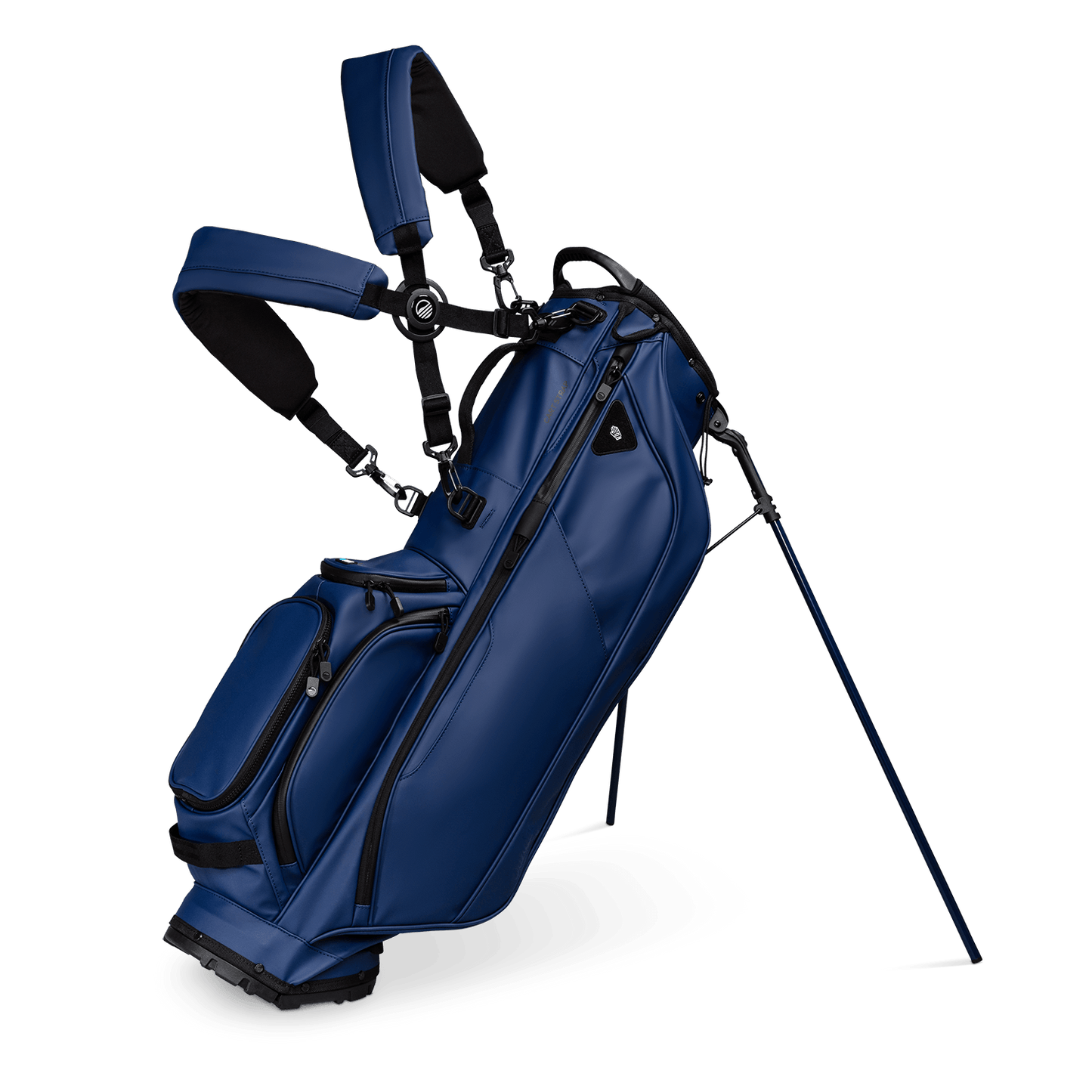 A full front shot of standing Ryder S-Class golf bag in navy vegan leather with double strap