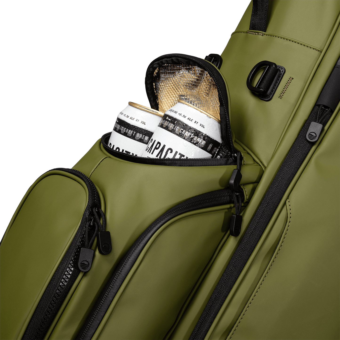 A close up shot of olive vegan leather Ryder S-Class golf bag's frosty pocket with canned drinks inside