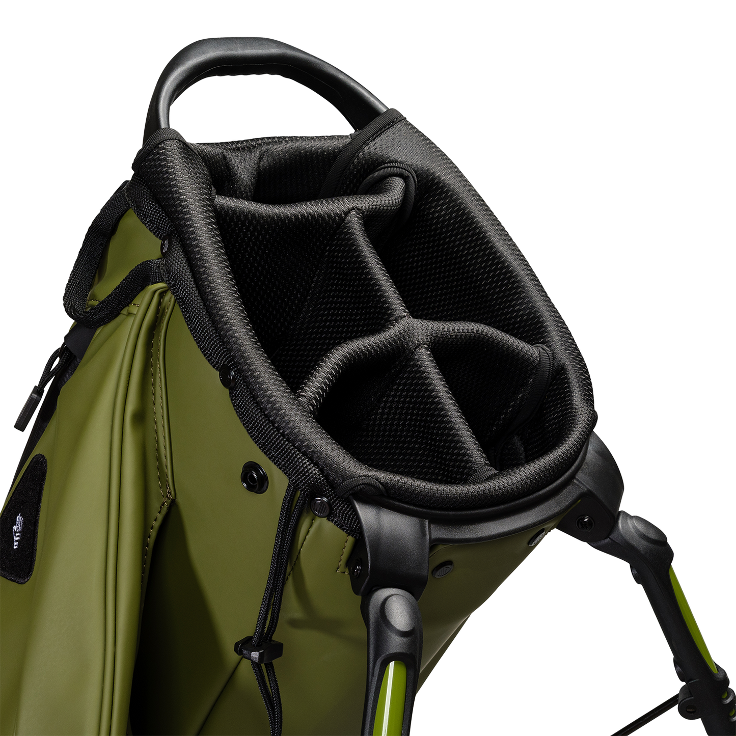 A close up top view of a olive vegan leather Ryder S-Class golf bag’s 5-way divider