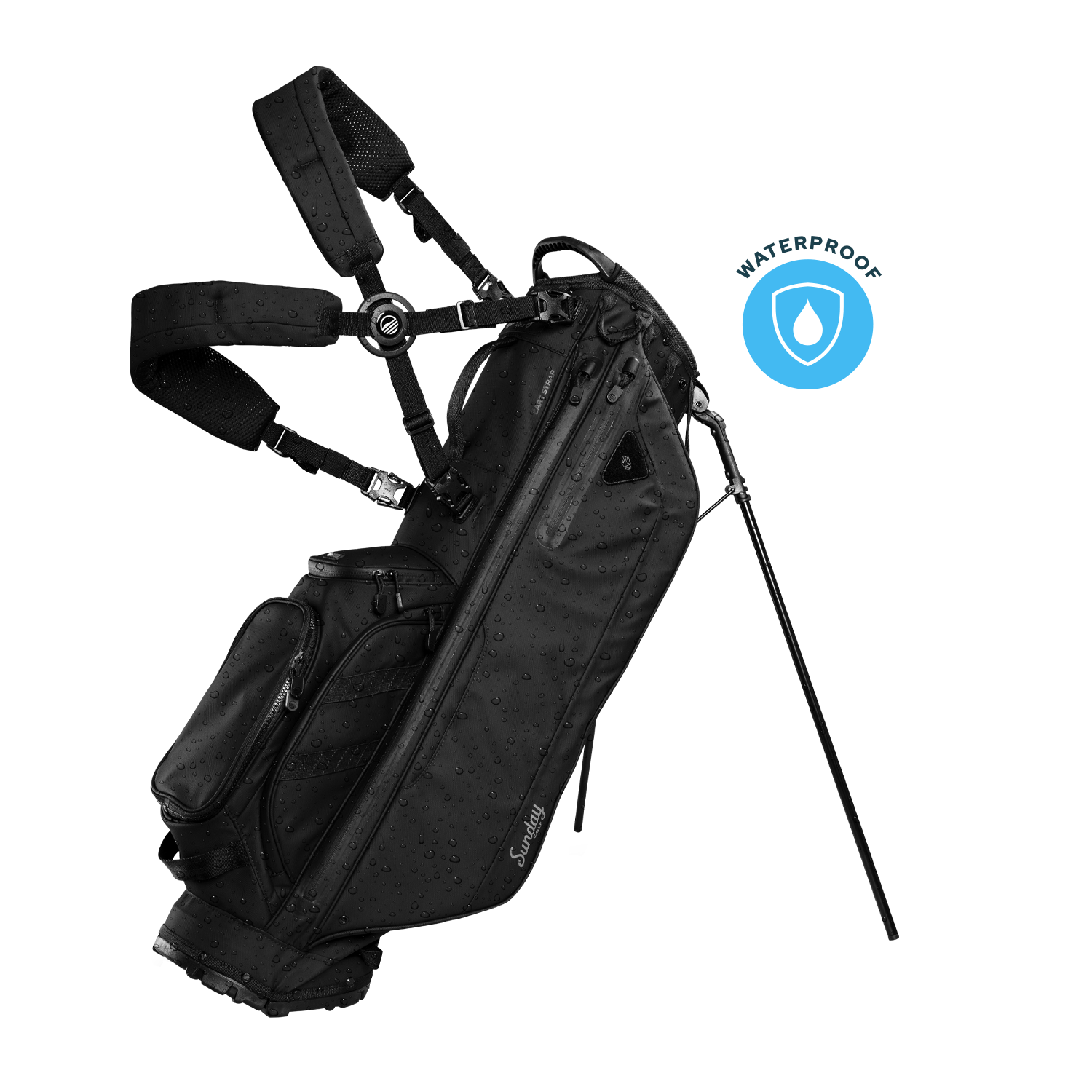 A full front shot of standing Storm Ryder golf bag in black with double strap