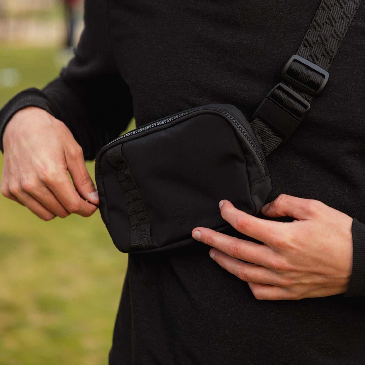 Close up shot of women's belt bag in black