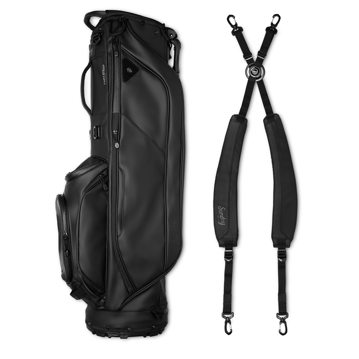 A full shot of Ryder S-Class golf bag in black vegan leather laying flat sideways beside its double strap