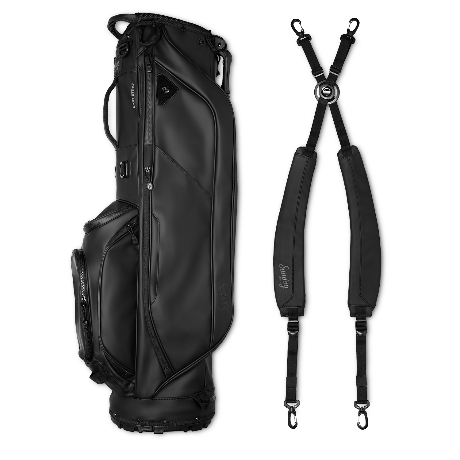 A full shot of Ryder S-Class golf bag in black vegan leather laying flat sideways beside its double strap