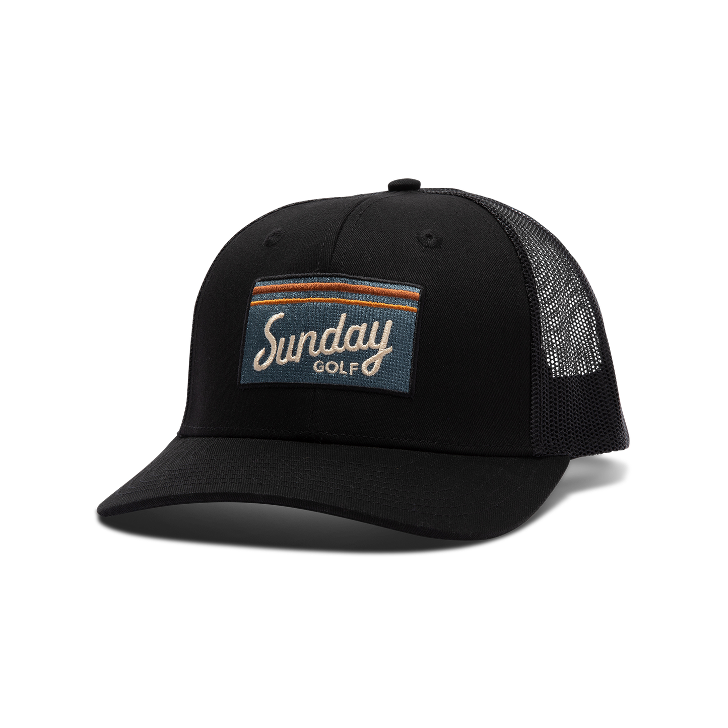 Front shot of black trucker golf hat