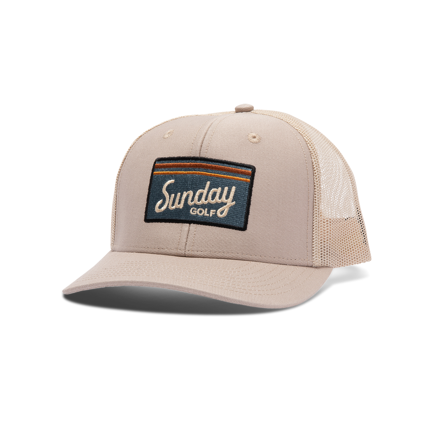 Front shot of tan trucker golf hat