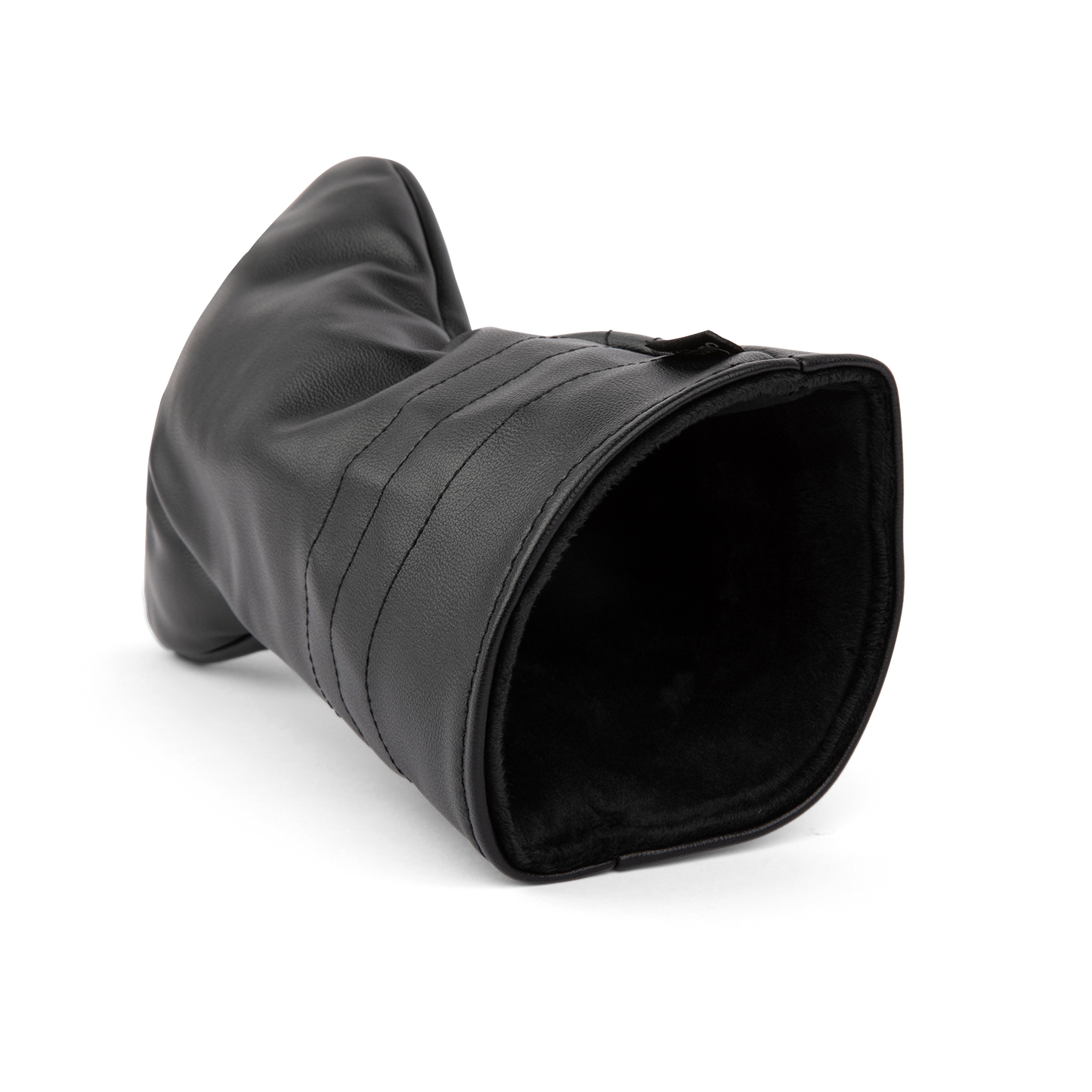 Inward shot of fairway wood golf headcover in black vegan leather