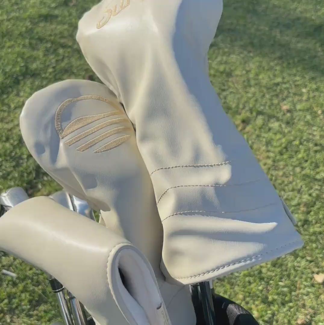 Toasted Almond Headcovers showing some features like the inner fleece fabric, the magnetic closure, and the vegan leather