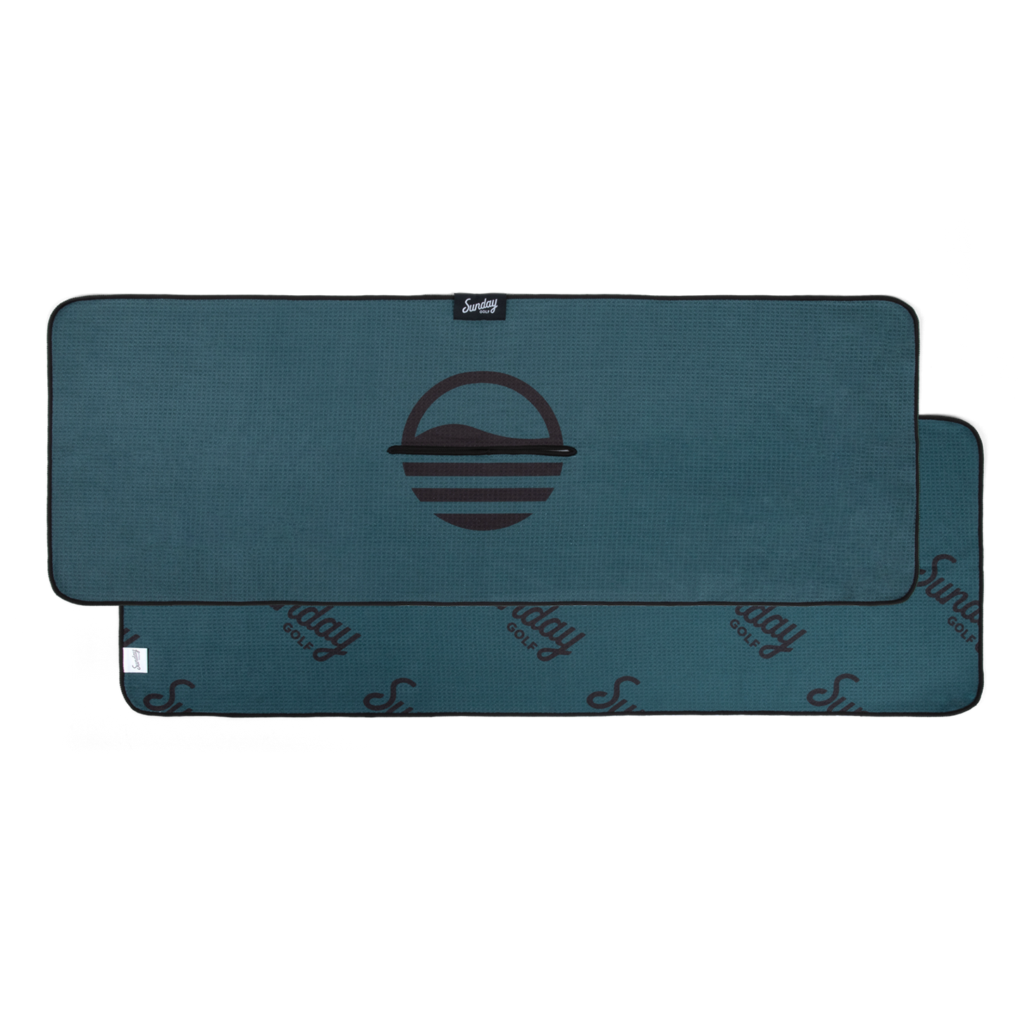 Midnight green golf towel with Sunday Golf logo front and back