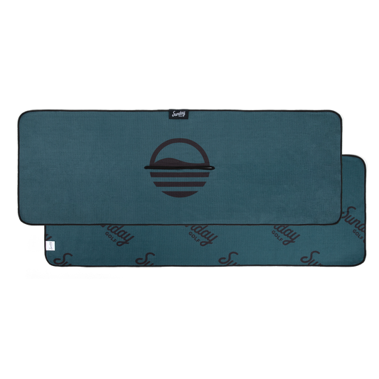 Midnight green golf towel with Sunday Golf logo front and back