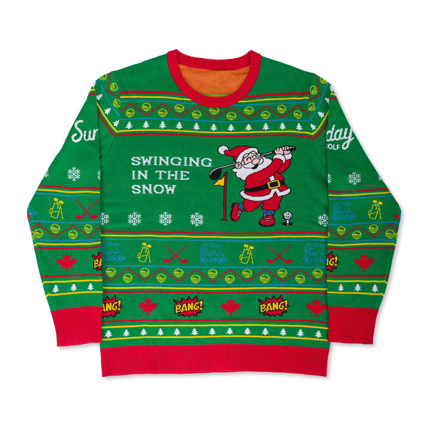 Flatlay view of the Ugly sweater with Santa Claus swinging a golf club