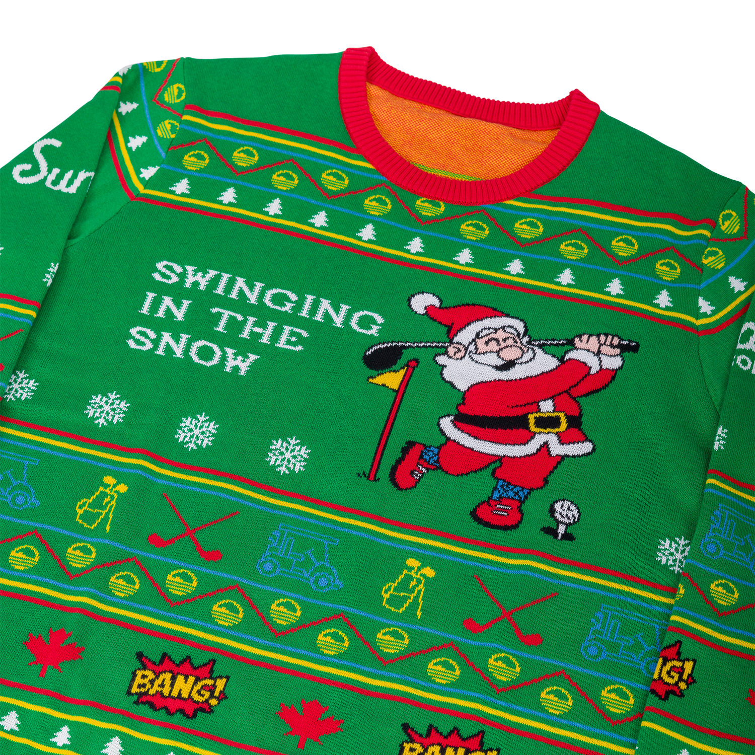 Close up look of the Ugly sweater with Santa Claus swinging a golf club