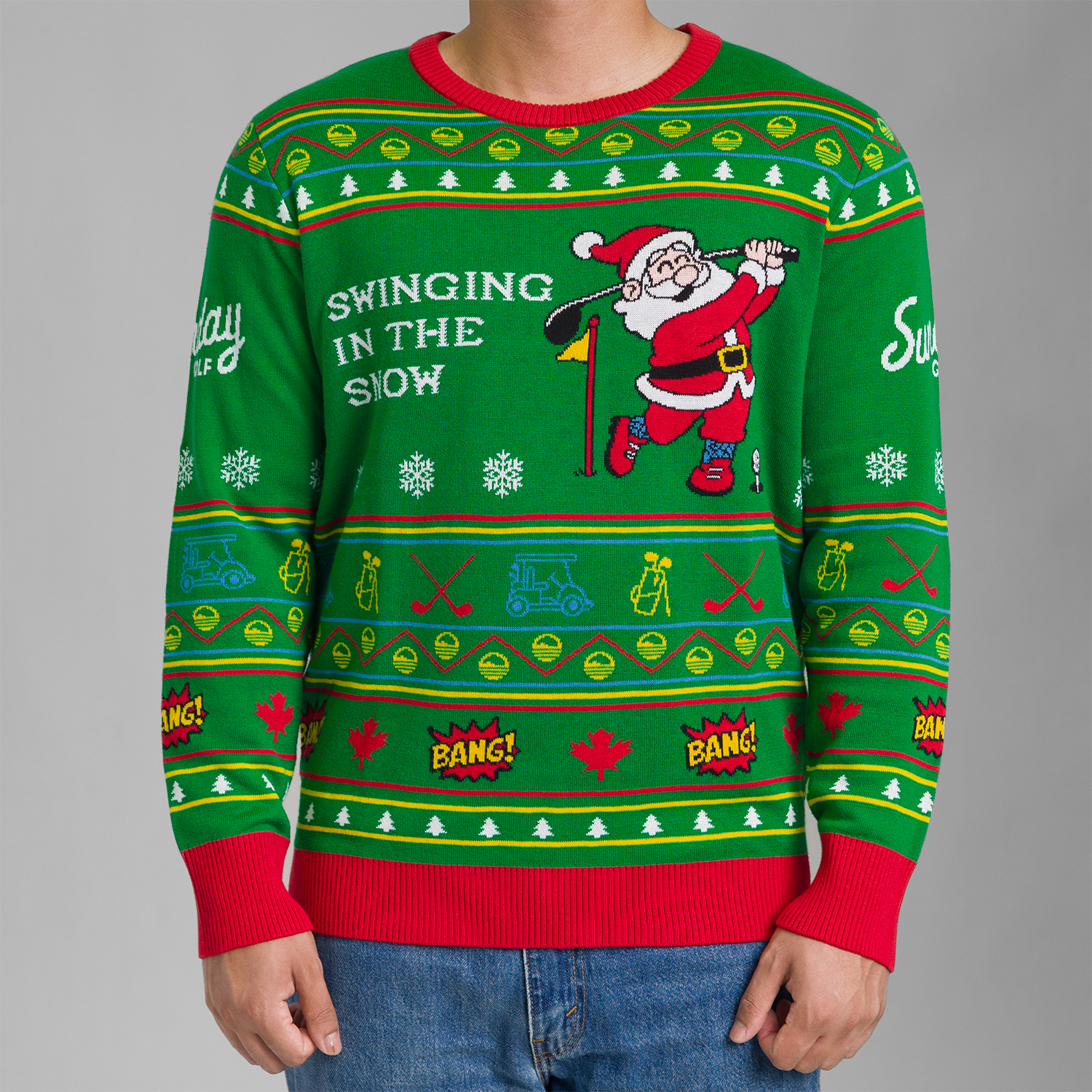Front view of the Ugly sweater with Santa Claus swinging a golf club