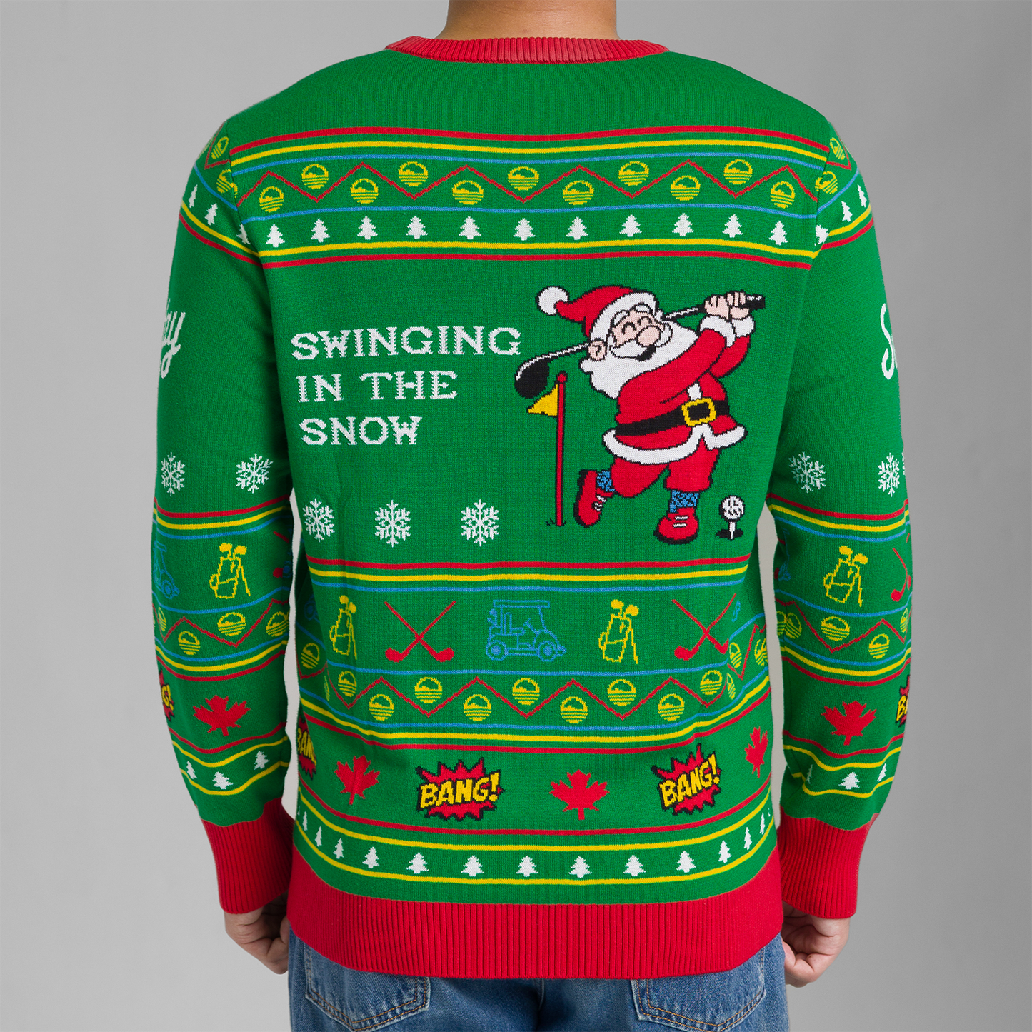 Back view of the Ugly sweater with Santa Claus swinging a golf club