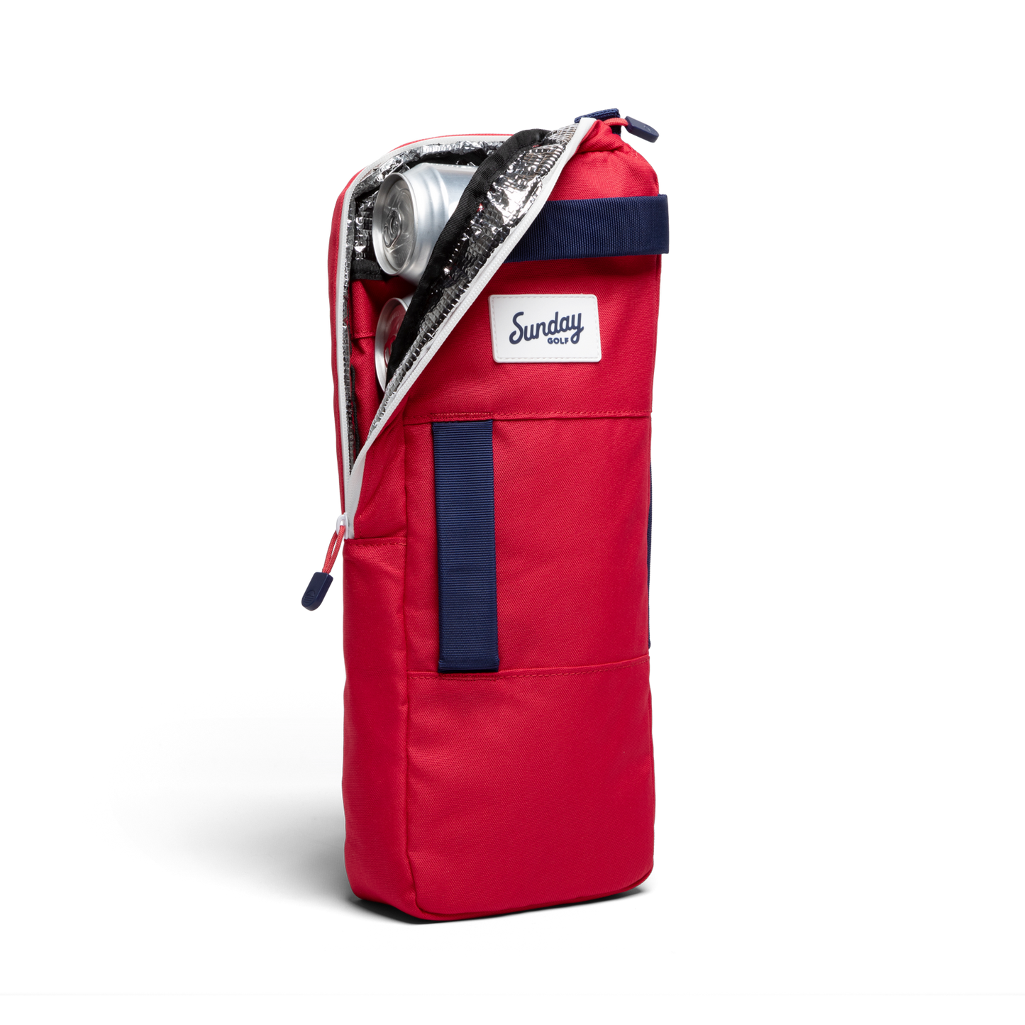 A front shot of big frosty golf cooler bag in red and blue unzipped showing canned drinks inside