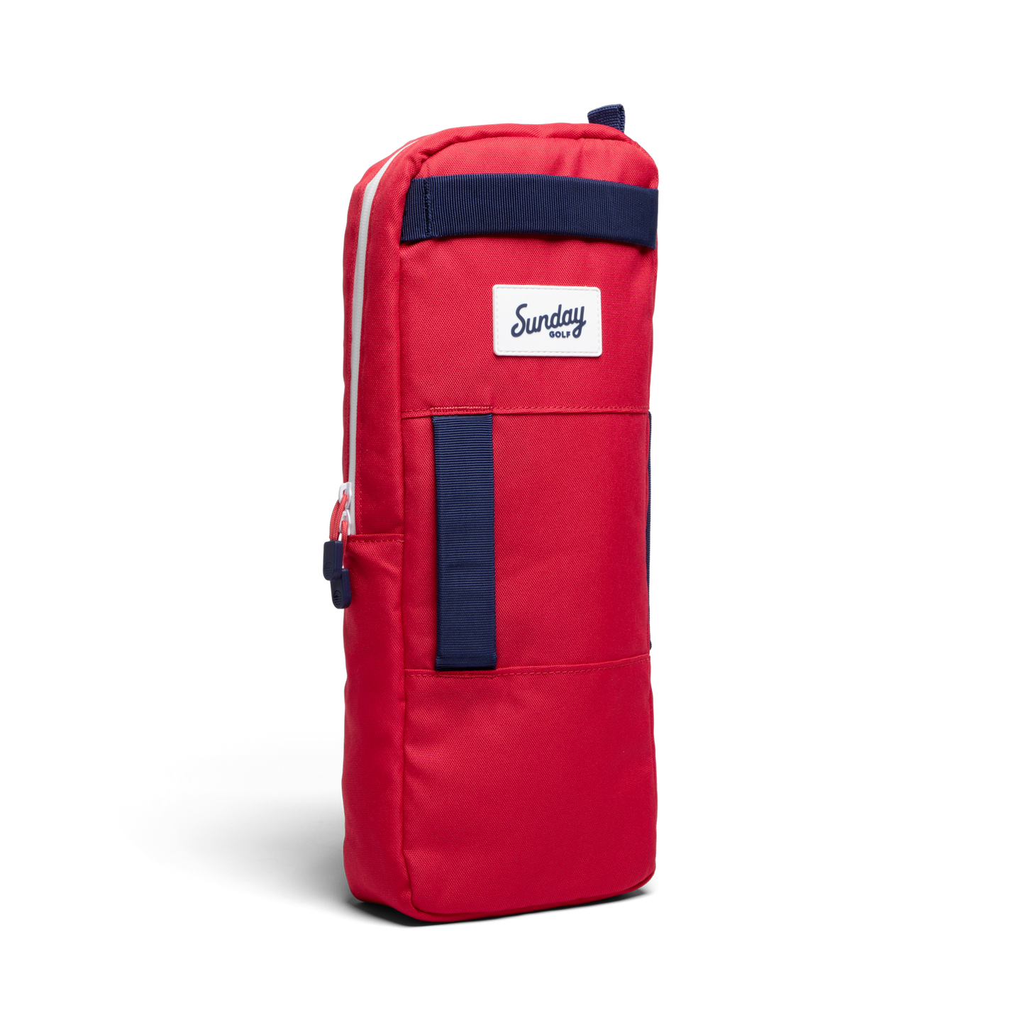 A front shot of big frosty golf cooler bag in red and blue fully zipped