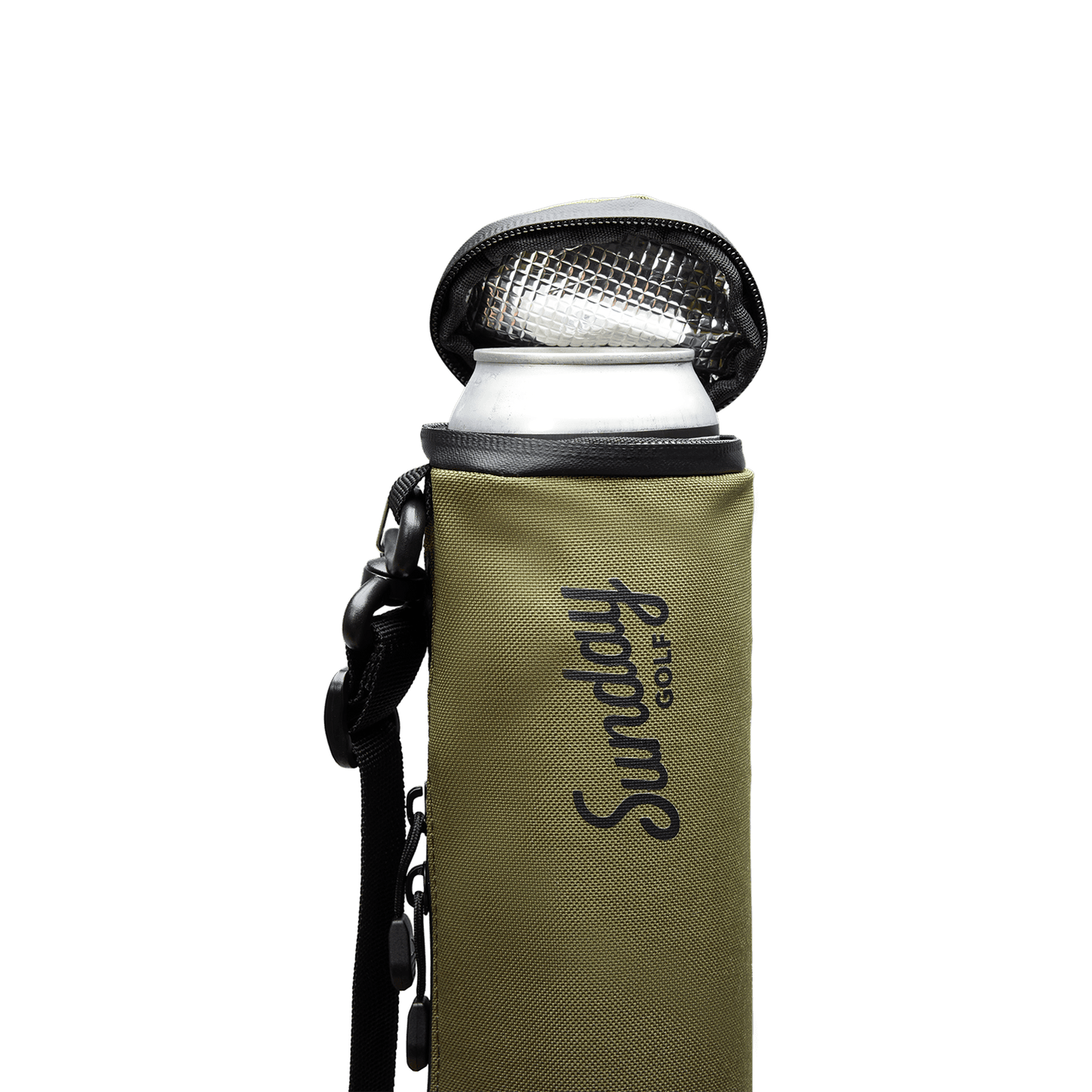Beer Sleeve Cooler in olive with canned drink inside