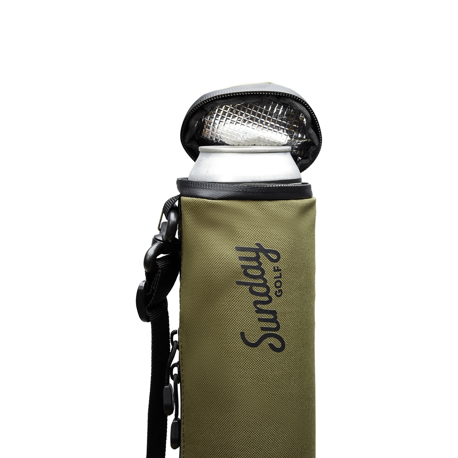Beer Sleeve Cooler in olive with canned drink inside