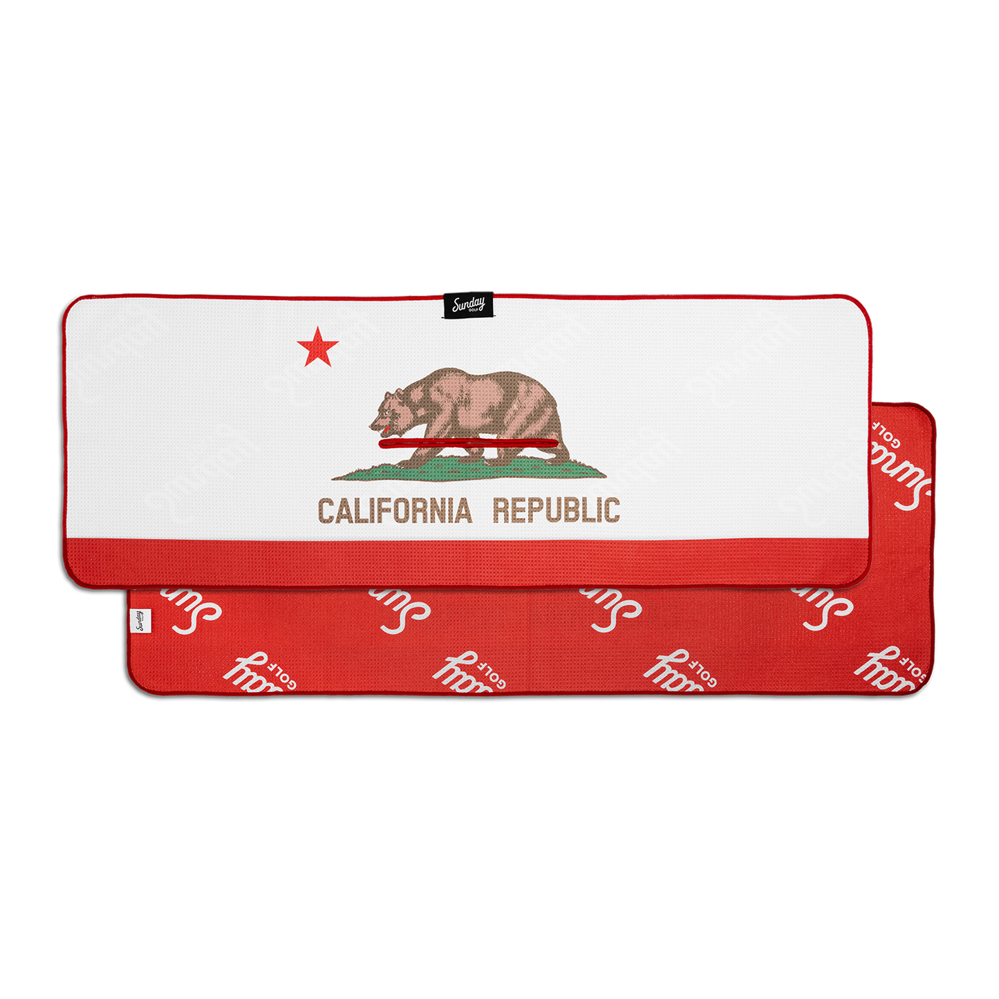 California red and white state flag on Sunday Golf Towel front and back shots