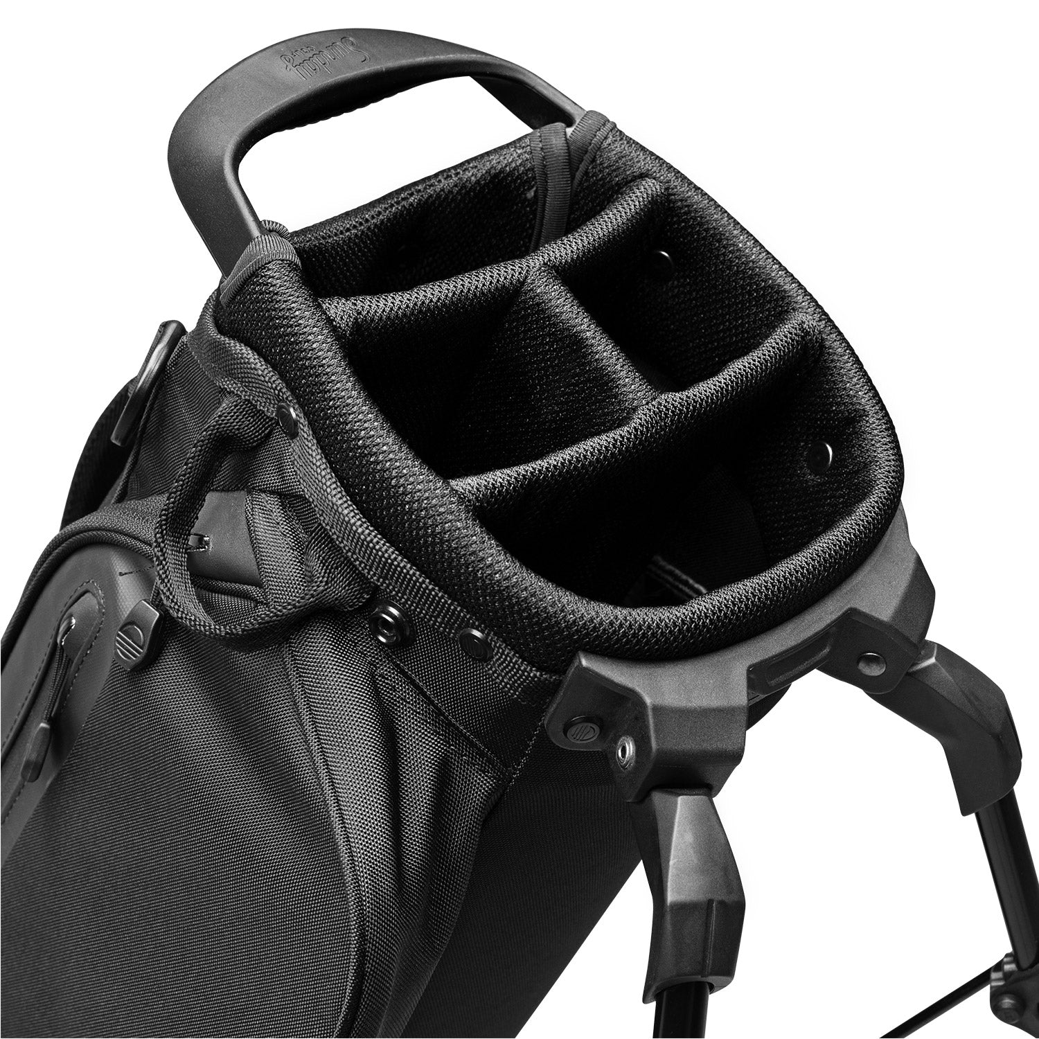 A close up top view of a matte black El Camino golf bag's 4 way divider