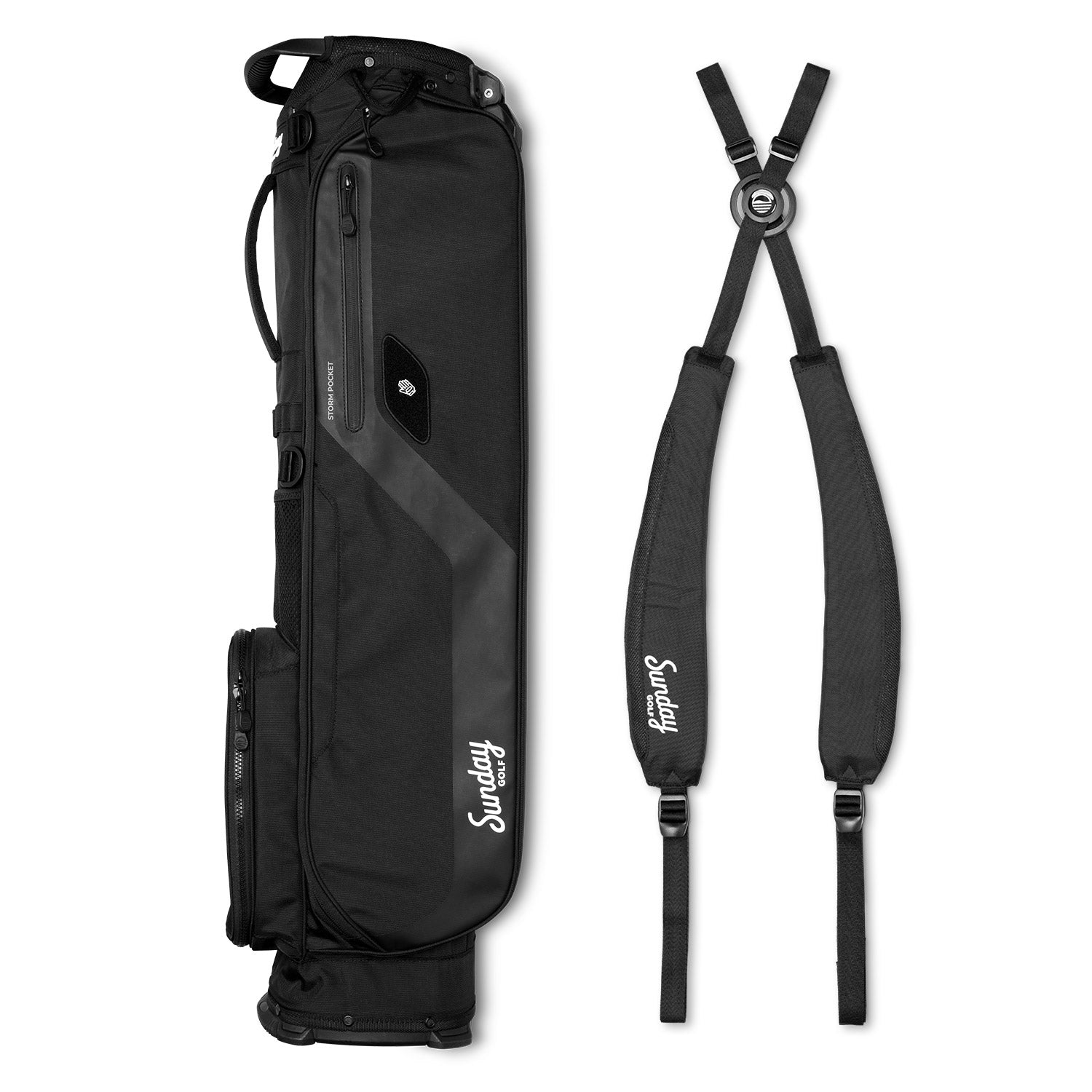 A full shot of El Camino golf bag in matte black laying flat sideways beside its double strap