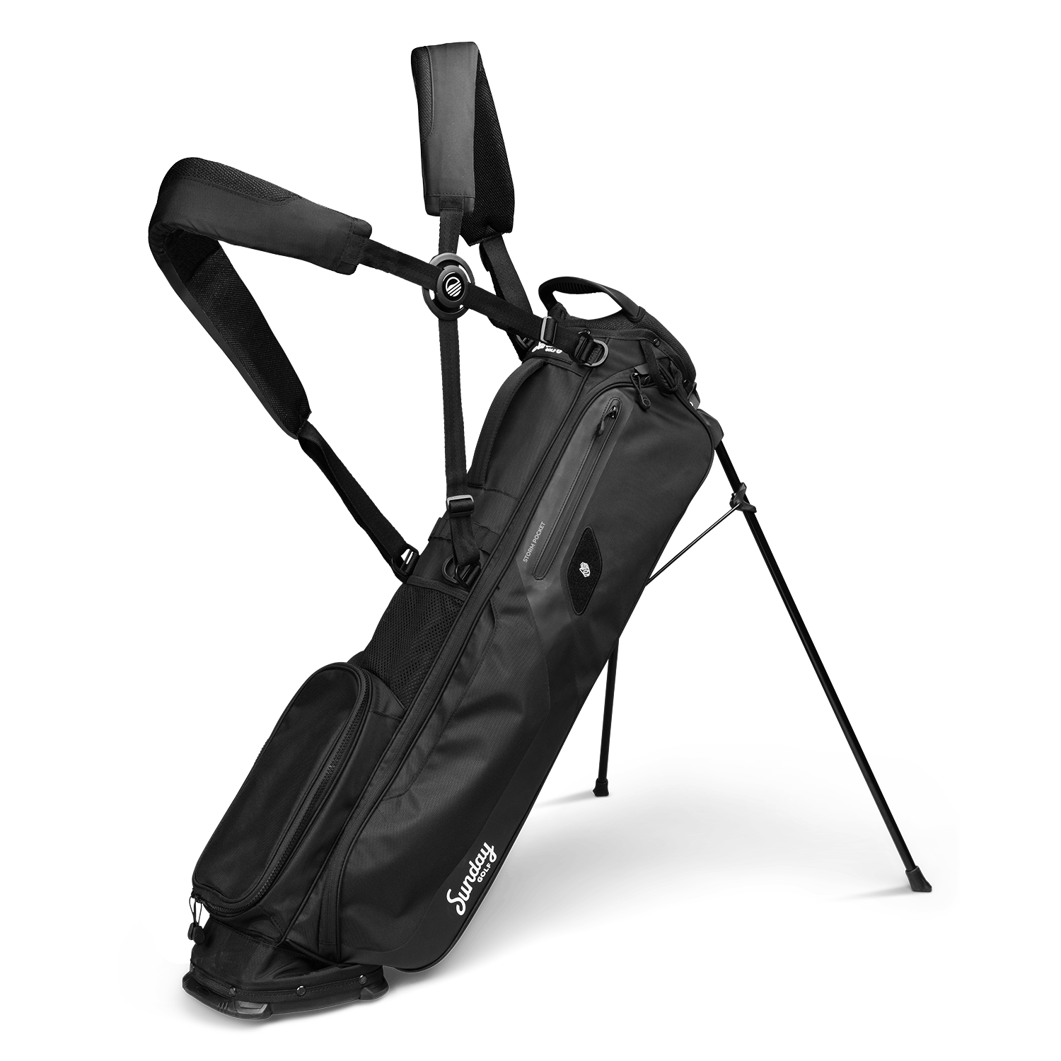 A full front shot of standing El Camino golf bag in matte black with double strap