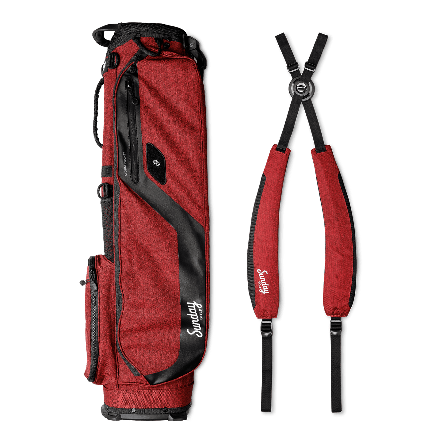 A full shot of El Camino golf bag in deep red burgundy laying flat sideways beside its double strap
