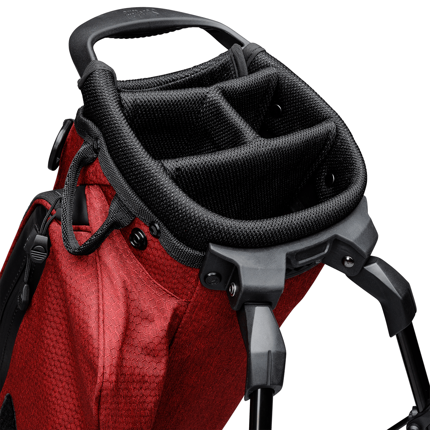 A close up top view of a deep red burgundy El Camino golf bag's 4 way divider