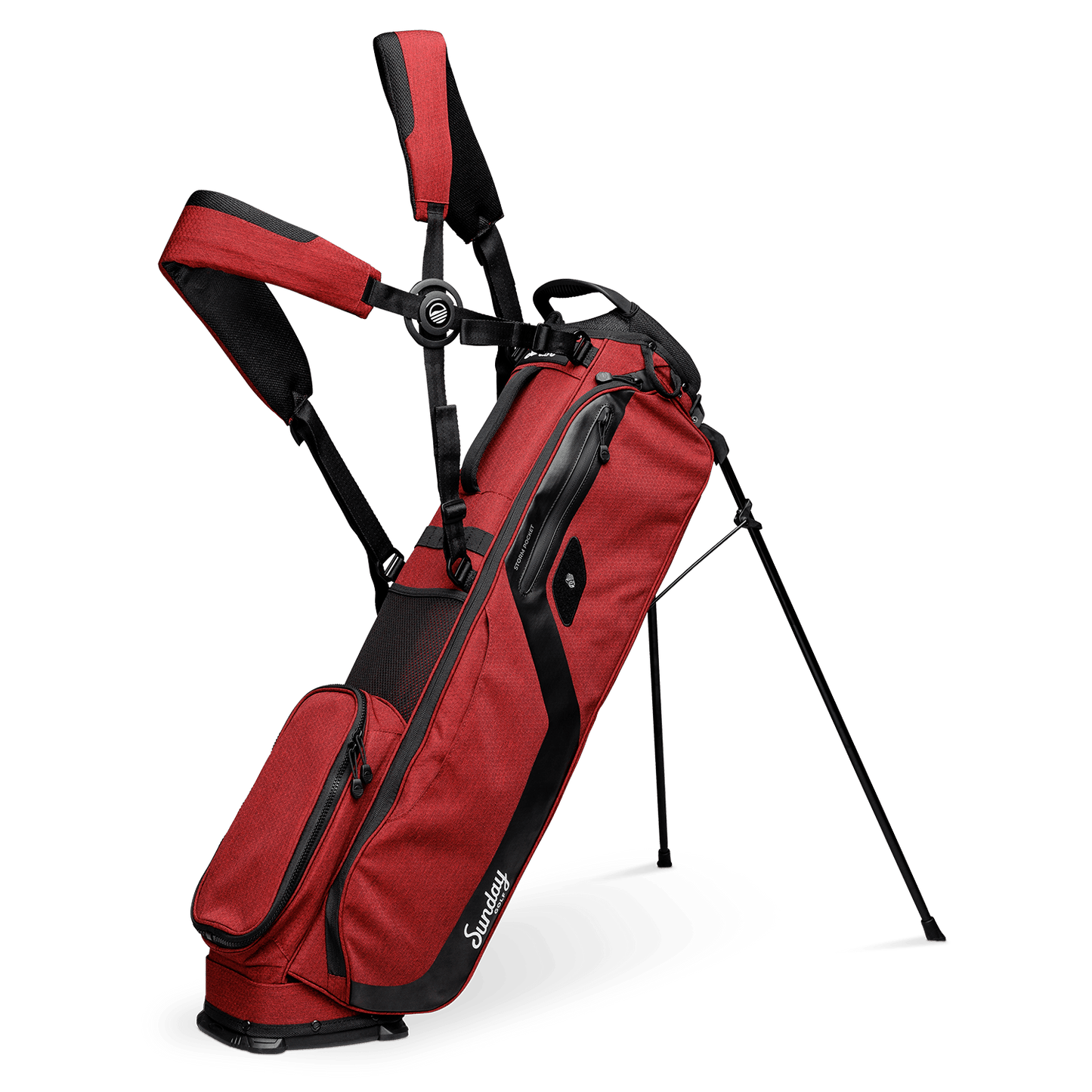 A full front shot of standing El Camino golf bag in deep red burgundy with double strap