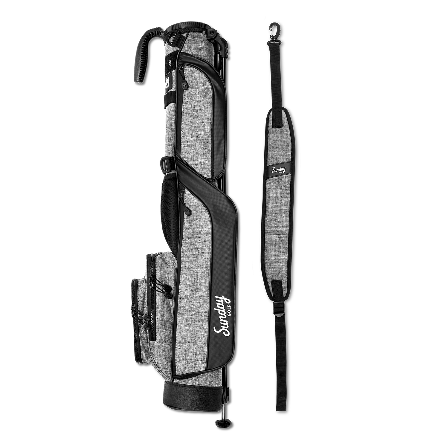 A full shot of Loma golf bag in heather gray laying flat sideways beside its single strap