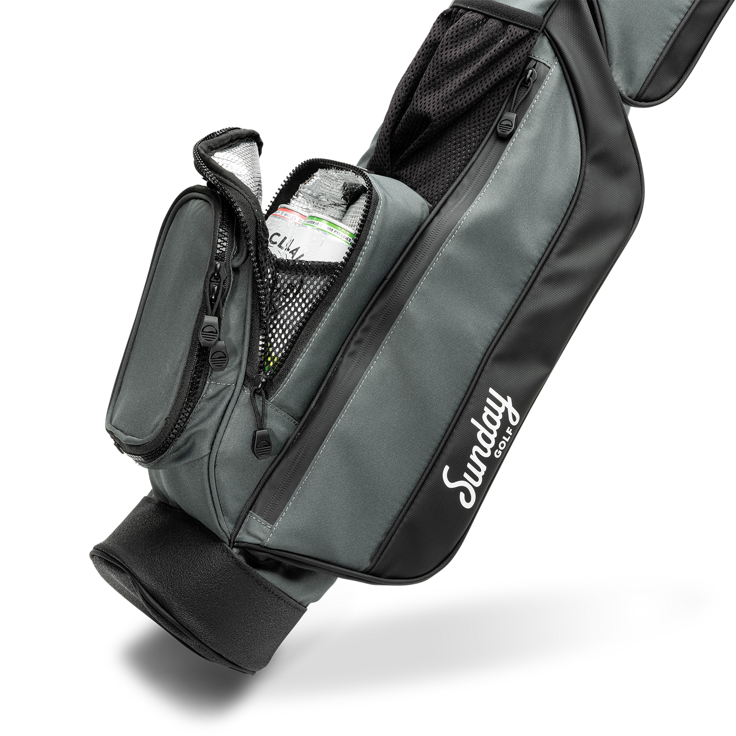 A close up shot of midnight green leather Loma golf bag's insulated pocket with canned drinks inside
