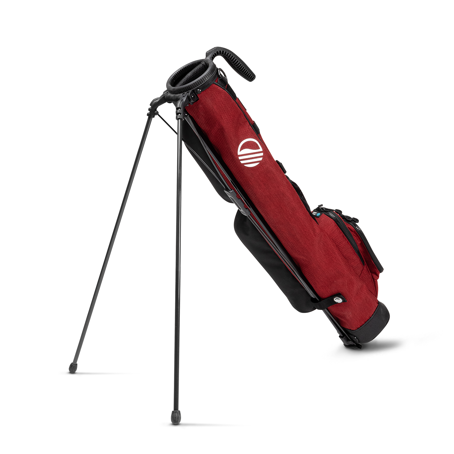 A full shot of standing Loma golf bag in ron burgundy facing backward