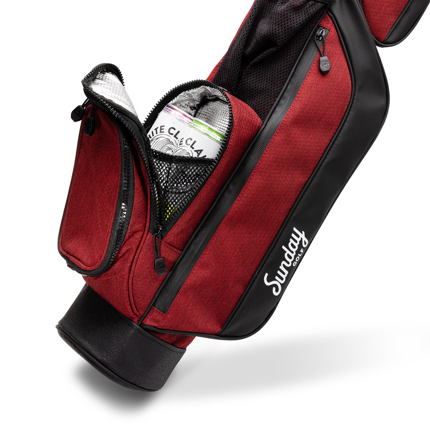 A close up shot of ron burgundy Loma golf bag's insulated pocket with canned drinks inside