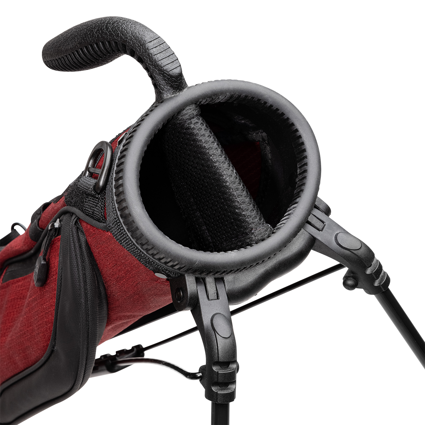 A close up top view of a ron burgundy Loma golf bag’s 2-way divider