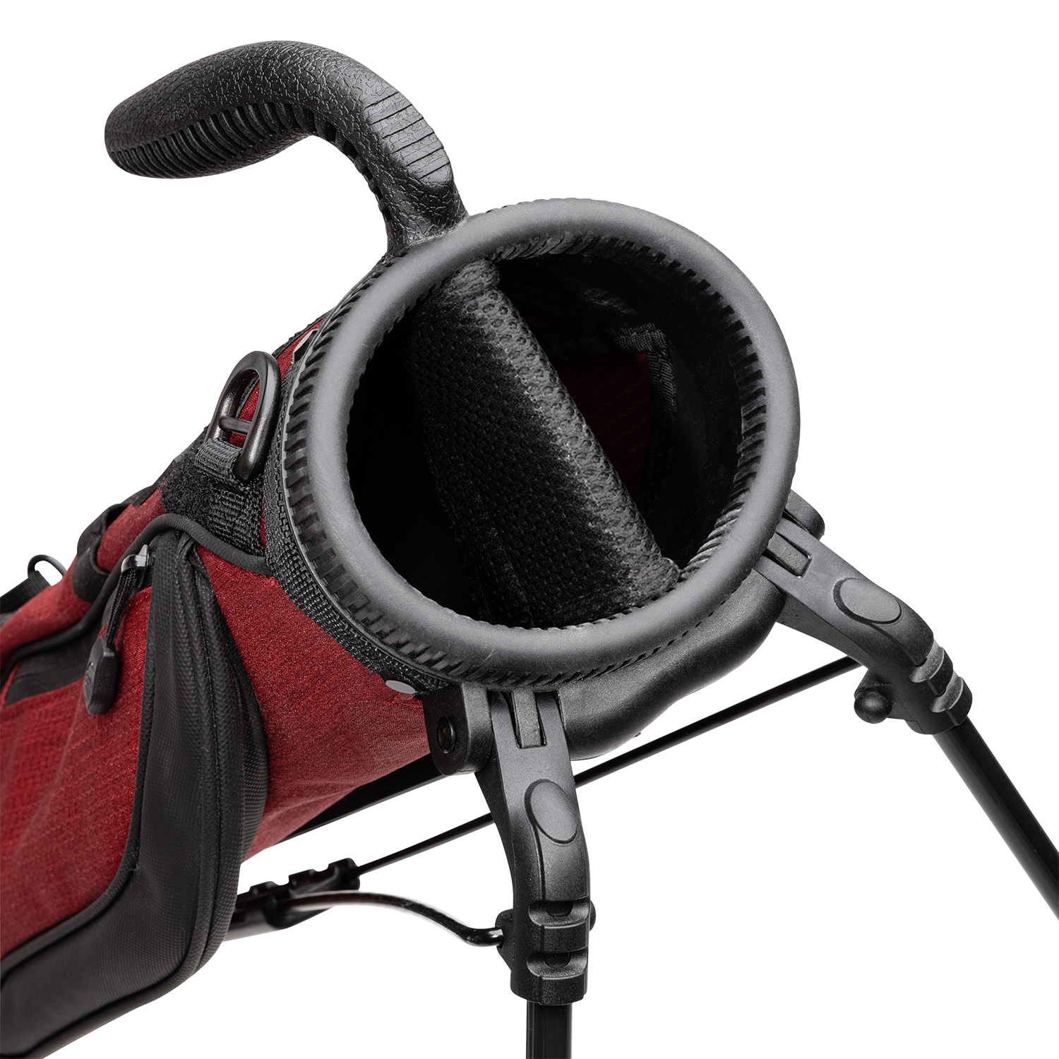 A close up top view of a ron burgundy Loma golf bag’s 2-way divider