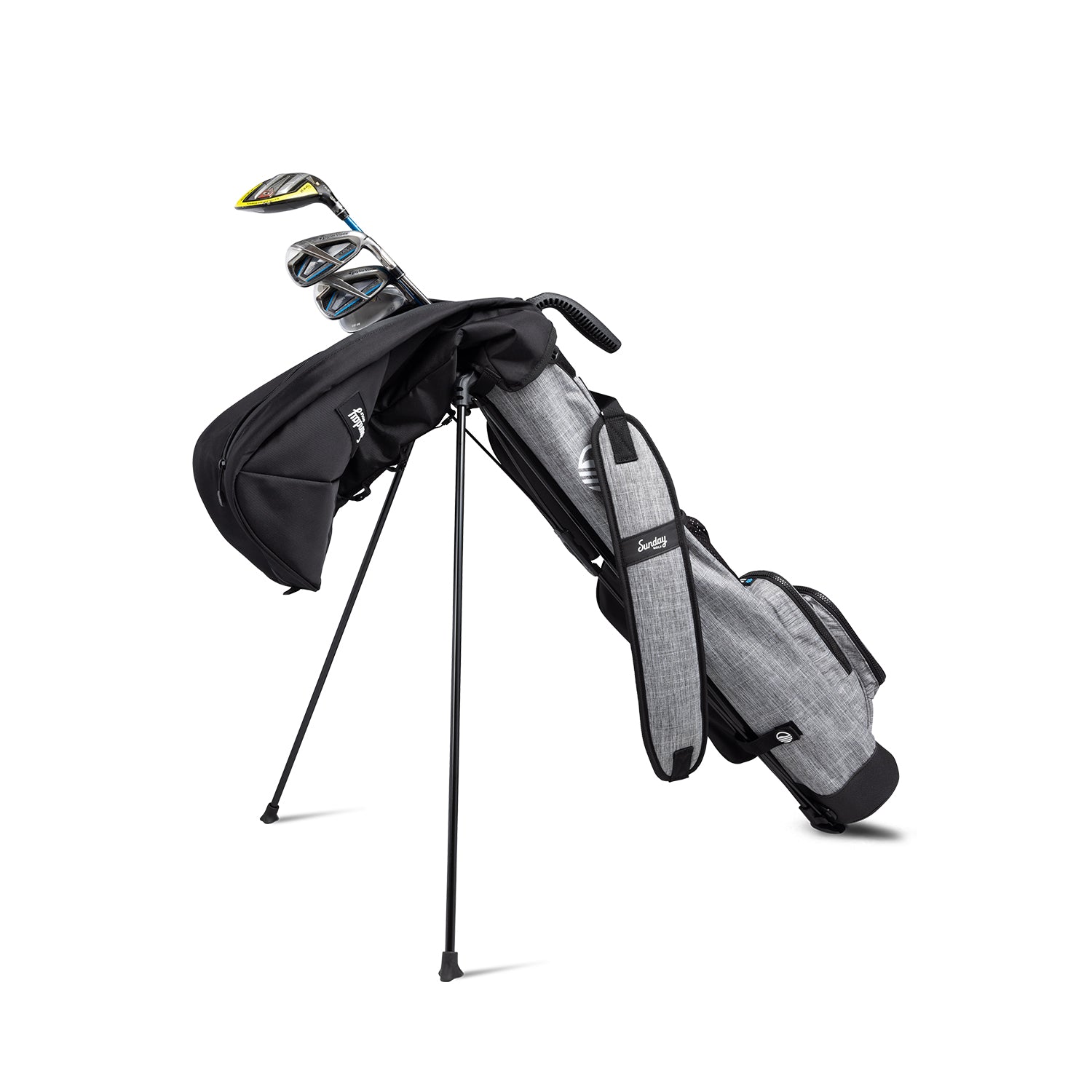 Unfolding matte black rain hood on a heather gray Loma golf bag with golf clubs