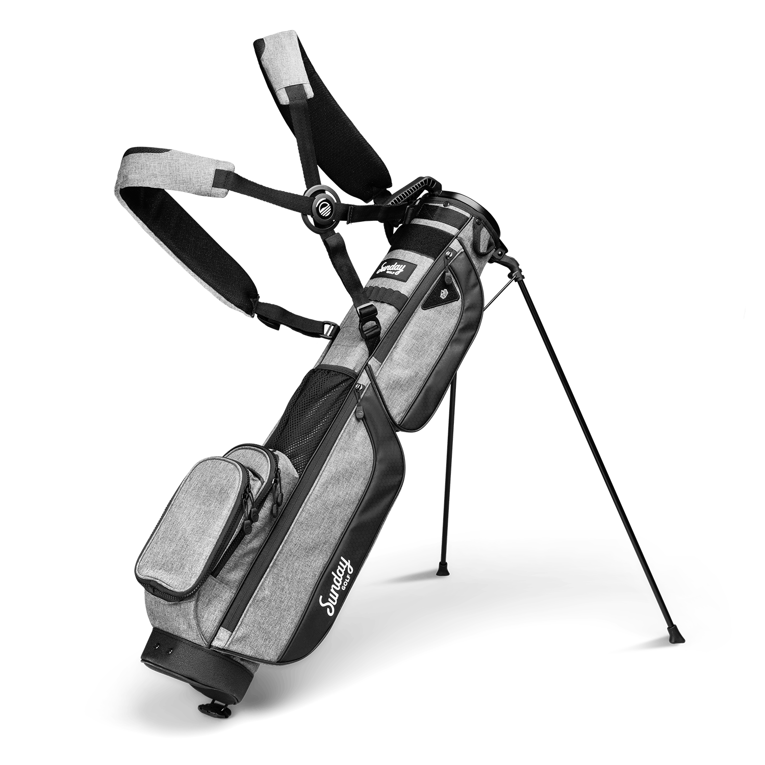 A full front shot of standing Loma XL golf bag in heather gray with double strap